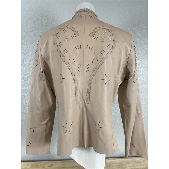 AK ANNE KLEIN Tan Cutaway Leather Jacket Blazer Button Stand Up Collar Sz M - Picture 2 of 10